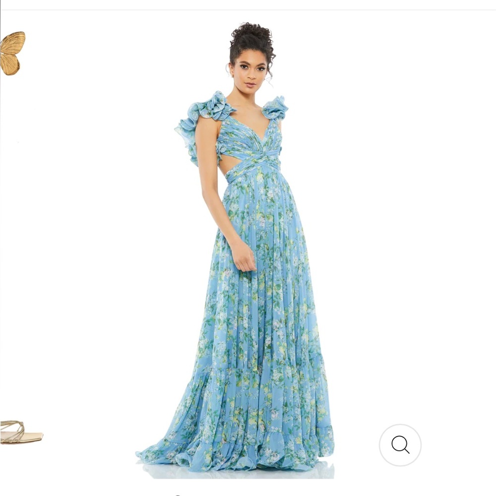 MAC DUGGAL RUFFLE TIERED FLORAL CUT-OUT CHIFFON GOWN